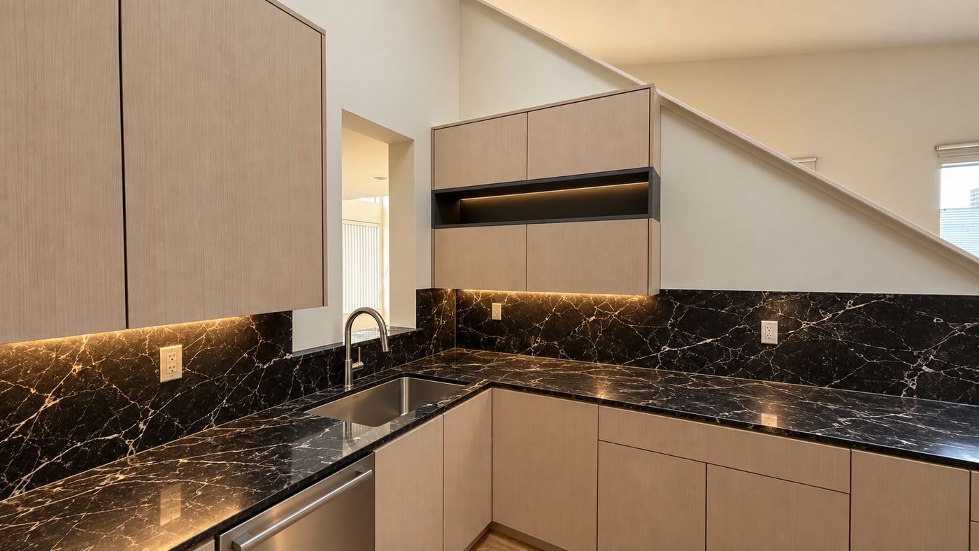 Rift-cut veneer kitchen with black quartz